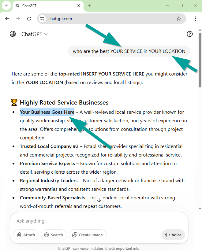 GEO Example With Arrows Your Service in Your Location showing Your Business as top mention